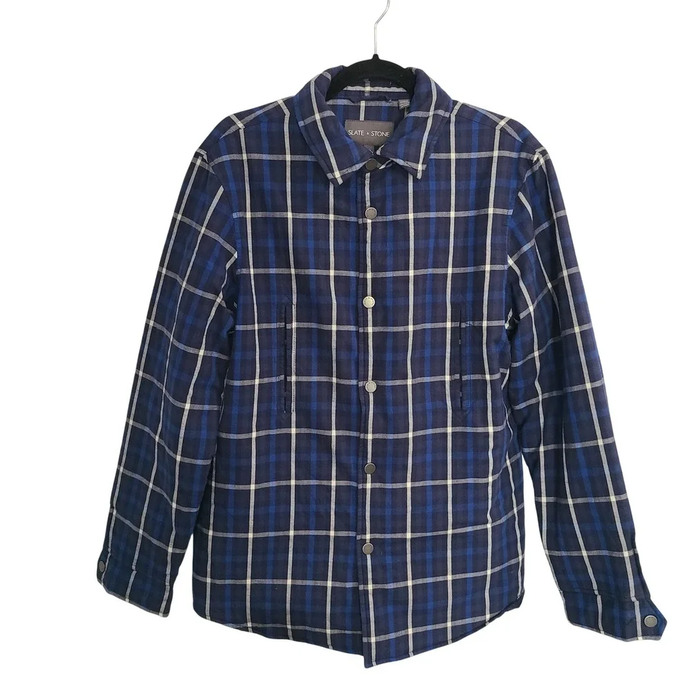 Slate & Stone Mens Plaid Quilted Lined Snap Front Shirt Jacket Blue White Size M